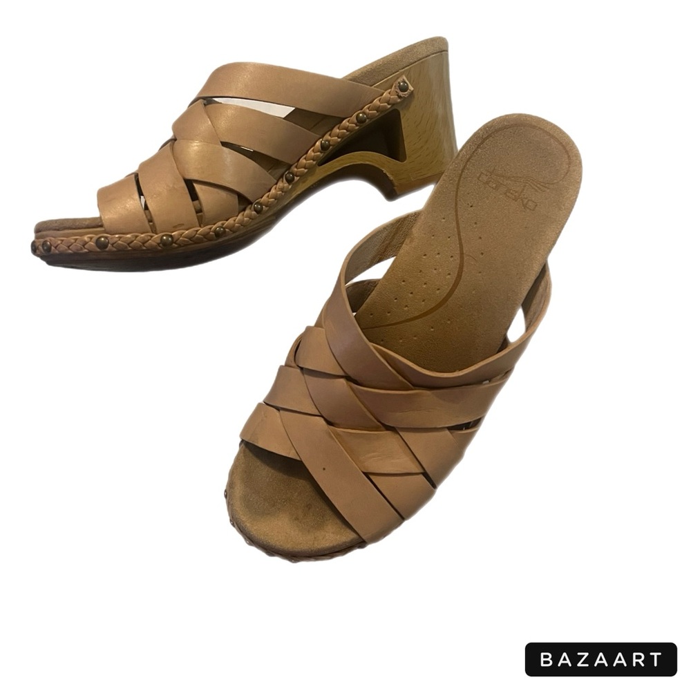 Dansko Tan Braided Leather Wedge Slide Sandals